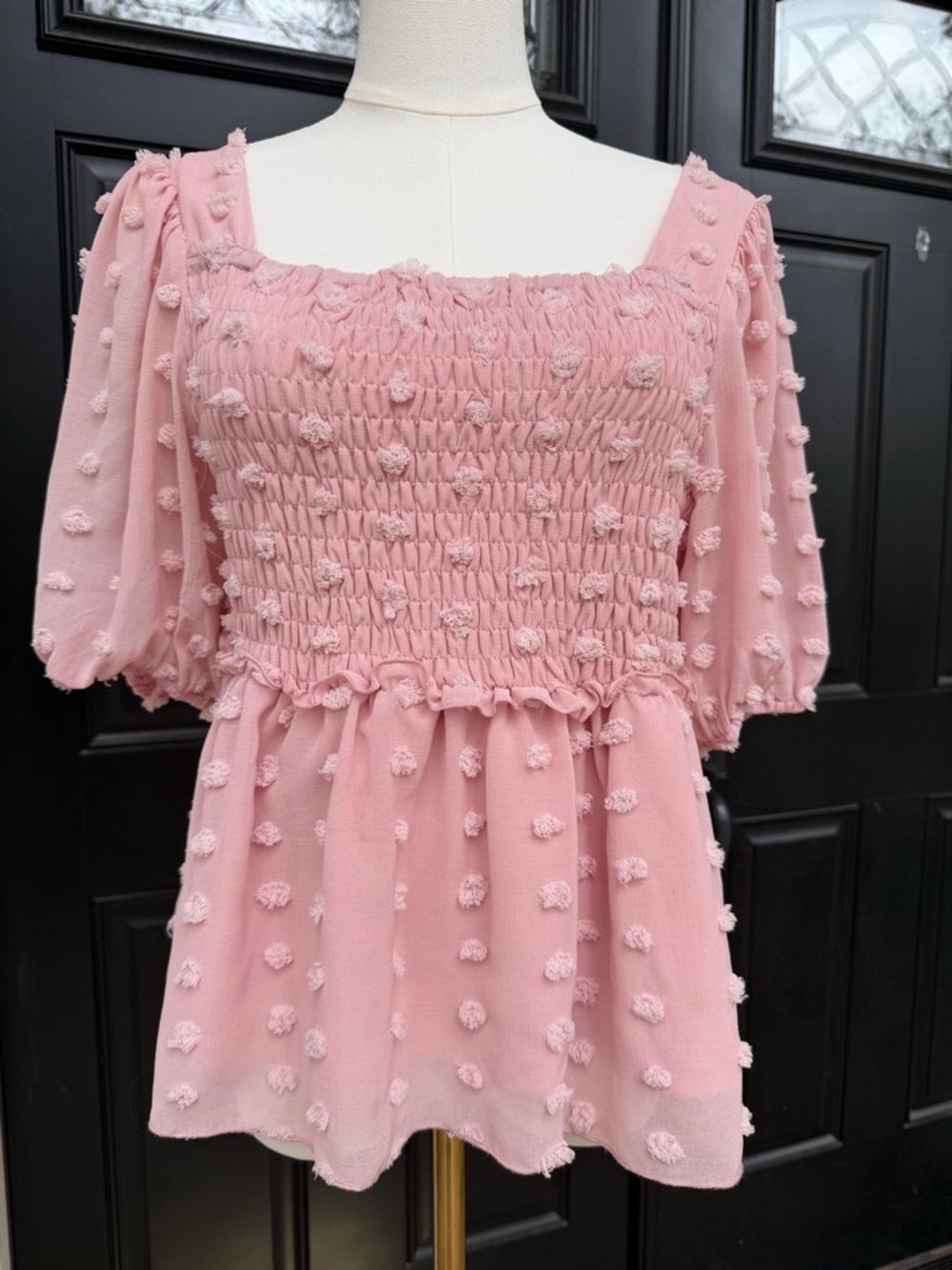 Pink Swiss Dot Peplum Blouse Women’s  Medium
